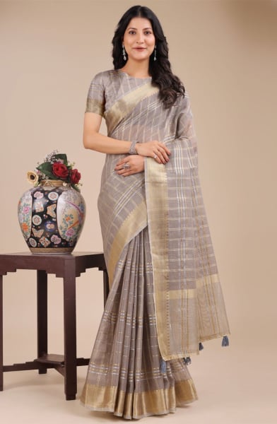 Brown Organza Woven Saree