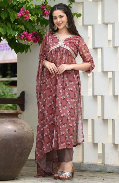 Brown Readymade Georgette Pant Kameez Suit