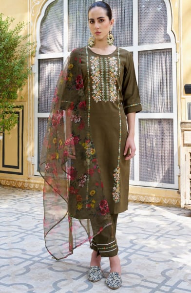 Brown Viscose Rayon Readymade Pant Kameez