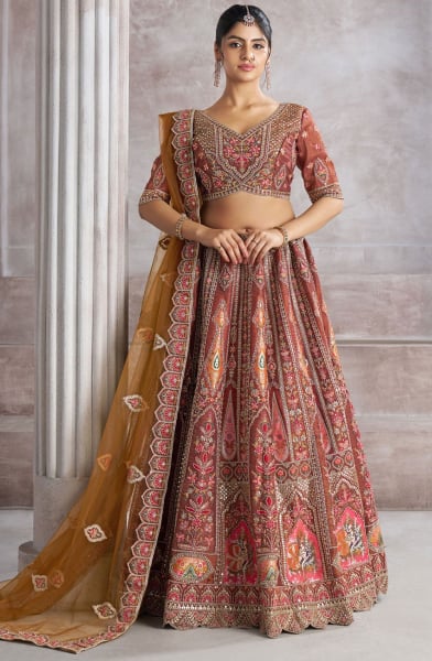 Brown Zari with Resham Embroidered Designer Lehenga Choli Set
