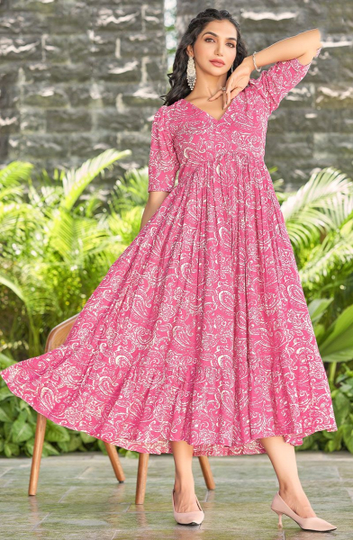 Bubblegum Pink Printed Rayon Long Kurta