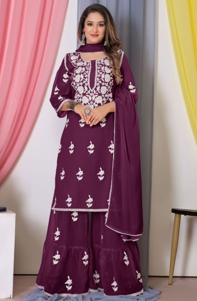 Burgundy Bemberg Georgette Readymade Sarara Kameez