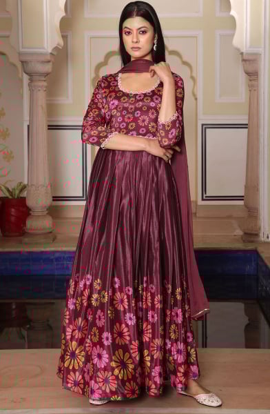 Burgundy Brown Embroidered Chinnon Anarkali Suit