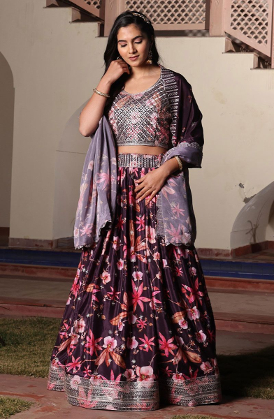 Burgundy Chinnon Lehenga Choli for Ceremonial