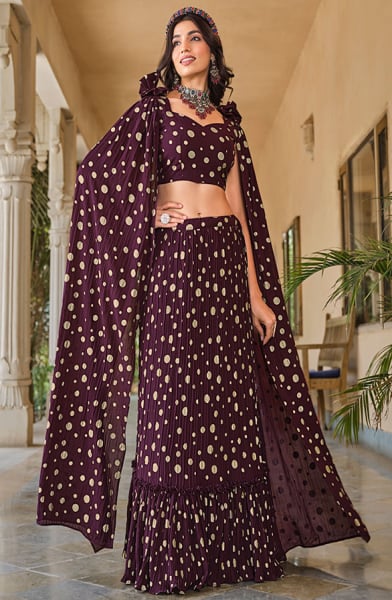 Burgundy Crushed Georgette Readymade Lehenga Choli