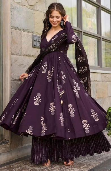 Burgundy Digital Print Muslin Plus Size Suit
