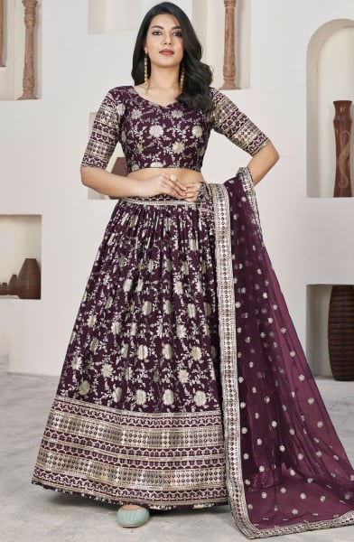 Burgundy Dola Jacquard Lehenga Choli with Net Dupatta