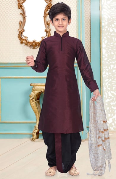 Burgundy Dupion Silk Kids Dhoti Kurta Set for Festival