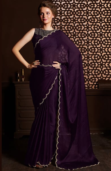 Burgundy Embellished Satin Silk Chiffon Saree