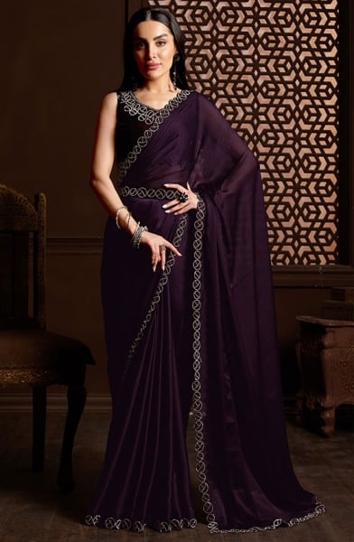 Burgundy Embellished Satin Silk Chiffon Saree