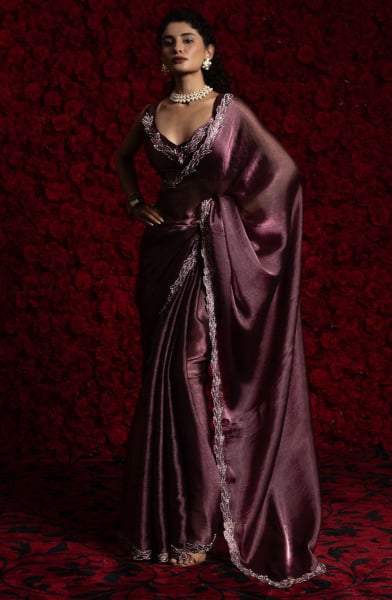 Burgundy Embellished Tissue Chiffon Saree