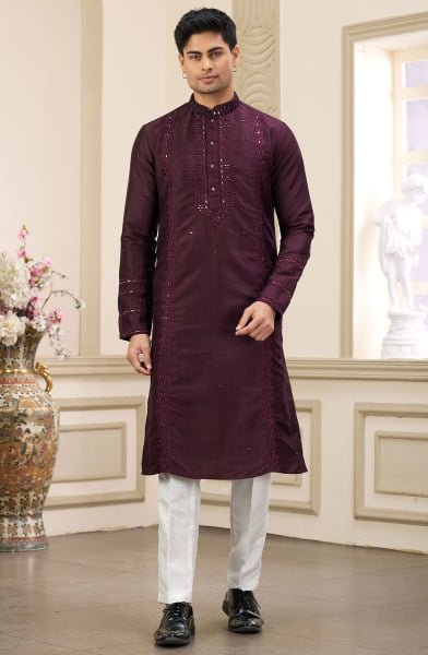 Burgundy Embroidered Banarasi Art Silk Kurta Set