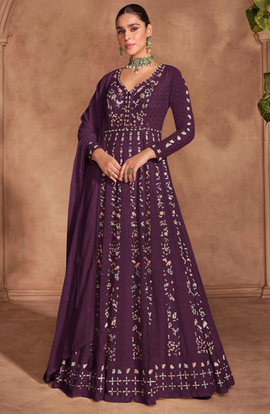 Burgundy Embroidered Chinnon Anarkali Gown with Dupatta