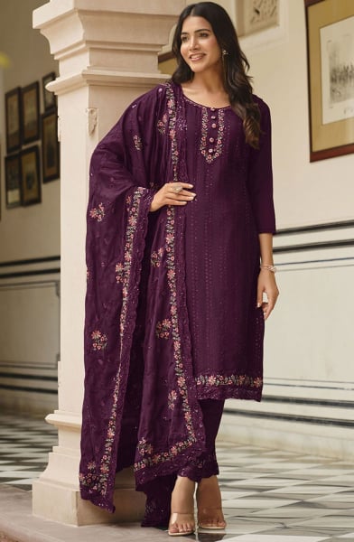 Burgundy Embroidered Chinnon Pant Kameez