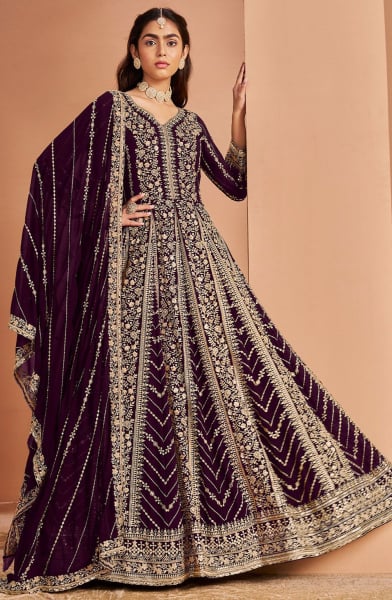Burgundy Embroidered Faux Georgette Anarkali Suit