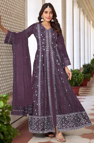 Burgundy Embroidered Faux Georgette Pant Kameez
