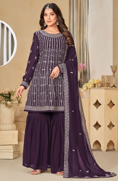 Burgundy Embroidered Faux Georgette Sarara Kameez
