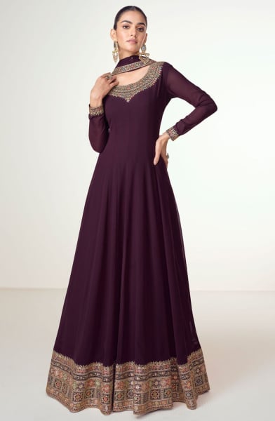 Burgundy Embroidered Georgette Anarkali Gown with Dupatta for Ceremonial