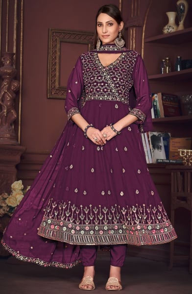 Burgundy Embroidered Georgette Anarkali Suit