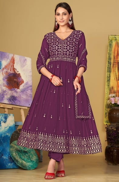 Burgundy Embroidered Georgette Anarkali Suit