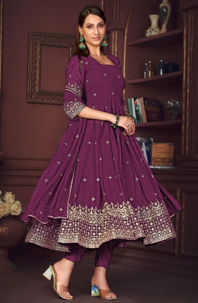 Burgundy Embroidered Georgette Anarkali Suit