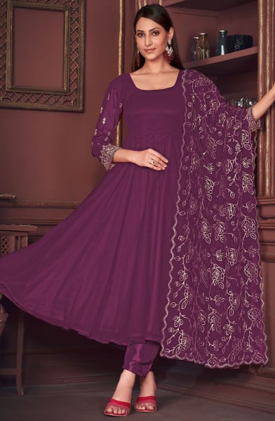Burgundy Embroidered Georgette Anarkali Suit