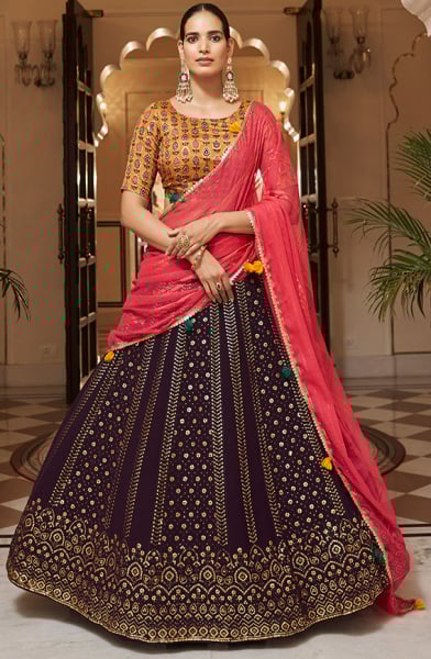 Burgundy Embroidered Georgette Lehenga Choli