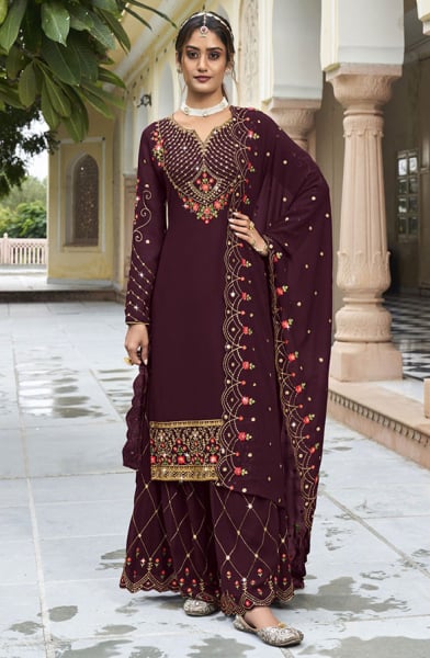 Burgundy Embroidered Georgette Palazzo Kameez