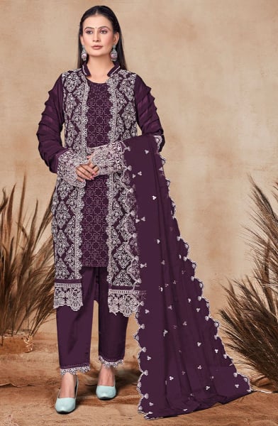 Burgundy Embroidered Georgette Pant Kameez with Jacket
