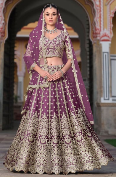 Burgundy Embroidered Net Bridal Lehenga Choli