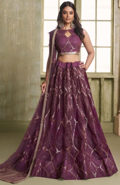 Burgundy Embroidered Net Lehenga Choli for Wedding