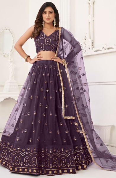 Burgundy Embroidered Net Lehenga Choli