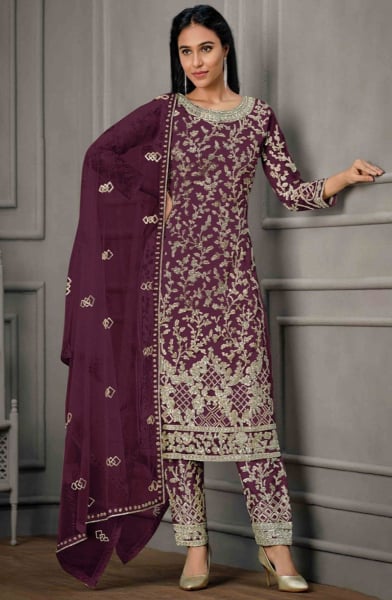 Burgundy Embroidered Net Pant Kameez for Festival