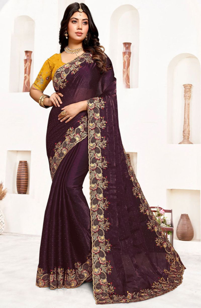 Burgundy Embroidered Satin Silk Saree
