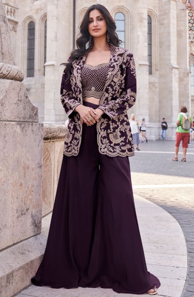 Burgundy Embroidered Silk Designer IndoWestern