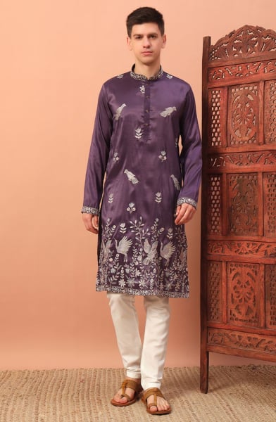 Burgundy Embroidered Silk Kurta Set