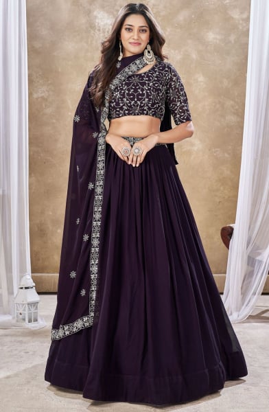 Burgundy Faux Georgette Lehenga with Embroidered Choli and Dupatta