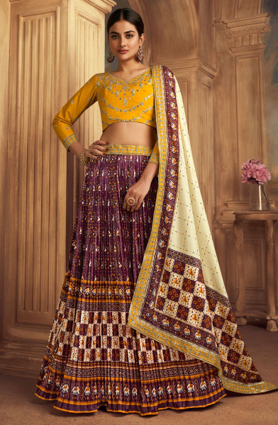 Burgundy Flared Gaji Silk Lehenga Choli for Ceremonial
