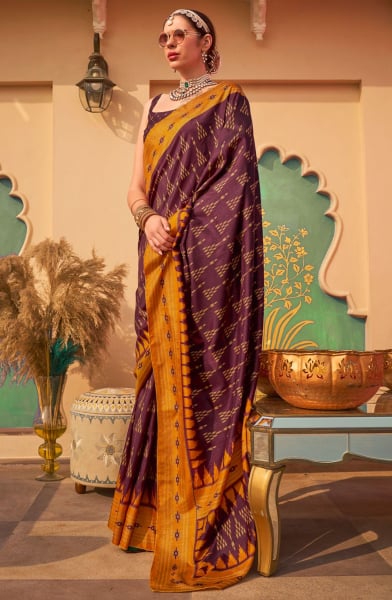 Burgundy Foil Print Mercerized Silk Saree