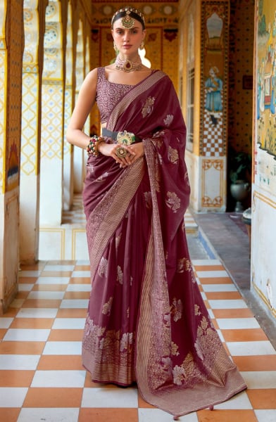 Burgundy Foil Print Silk Saree for Festival