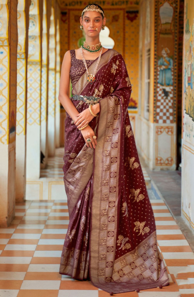Burgundy Foil Print Silk Saree for Festival