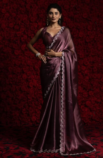 Burgundy Handwork Tissue Chiffon Saree
