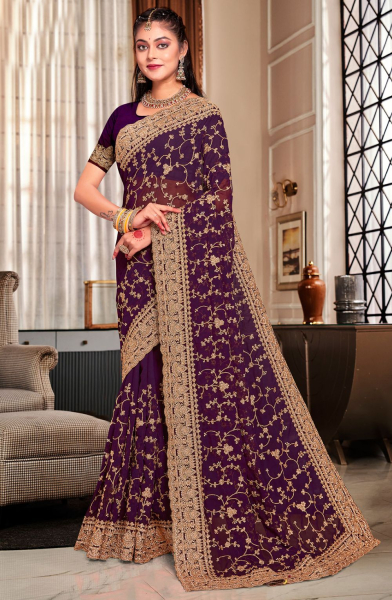 Burgundy Heavy Embroidered Georgette Saree