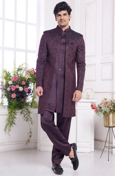 Burgundy Jacquard Art Silk IndoWestern