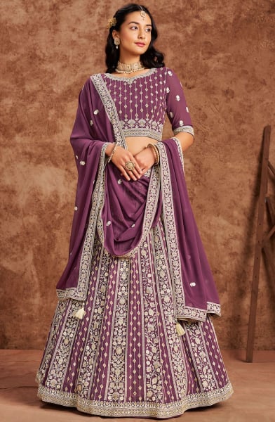 Burgundy Lakhnavi Work Faux Georgette Lehenga Choli
