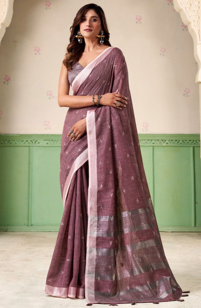 Burgundy Line Silk Saree with Zari Patta