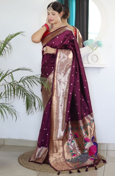 Burgundy Meenakari Woven Paithani Silk Saree
