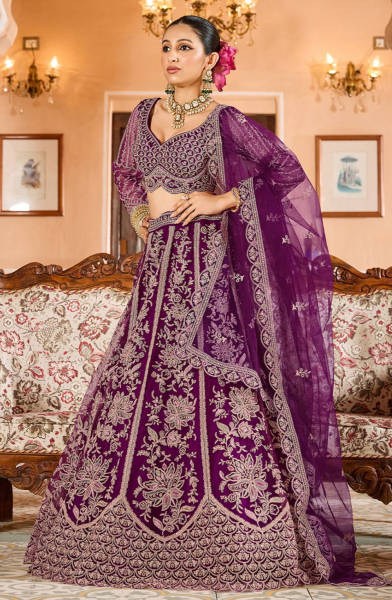 Burgundy Net Heavy Embroidered Lehenga Choli for Wedding