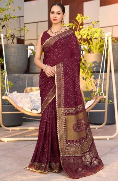 Burgundy Printed Cotton Saree for Festival