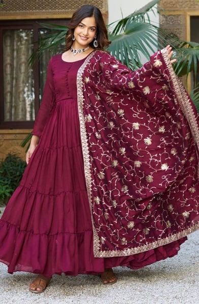 Burgundy Pure Vichitra Silk Gown with Dupatta